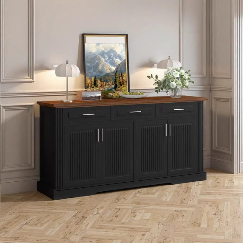 Buffet 63 po à 4 portes, 3 tiroirs et tablettes réglables de style moderne noir 63 po - Console de rangement polyvalente pour le salon, la salle à manger, la cuisine et le vestibule