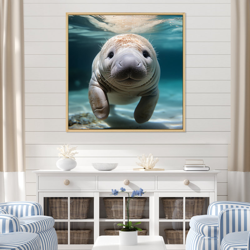Curious Manatee Gaze III - Art mural lamantin, H 30 po x l 30 po x P 1,5 po, Cadre flottant brun