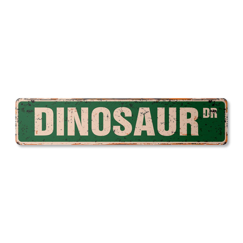 Plaque de rue dinosaure aluminium 4 po x 18 po, Vert/blanc