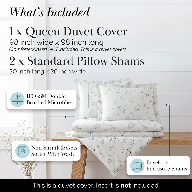 Sweet Florals Collection Florals Duvet Cover Set, Queen/Full Duvet Cover + 2 Shams, Gray