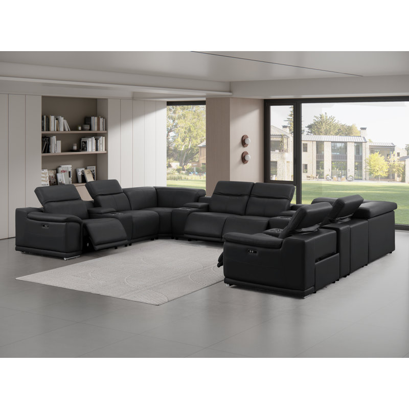 12-Piece U-Shaped Power Reclining Sectional In Genuine Leather – 4 Recliners, Black Top Grain Leather