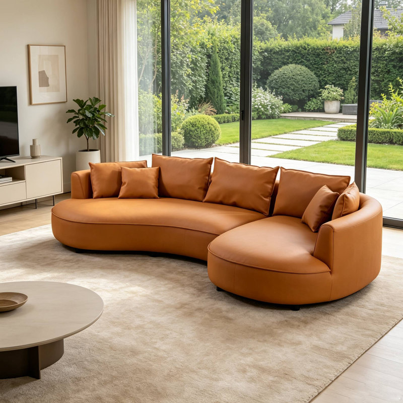 Canapé modulaire en cuir courbé de 128 po avec méridienne et 7 coussins, Orienté à droite, Similicuir orange