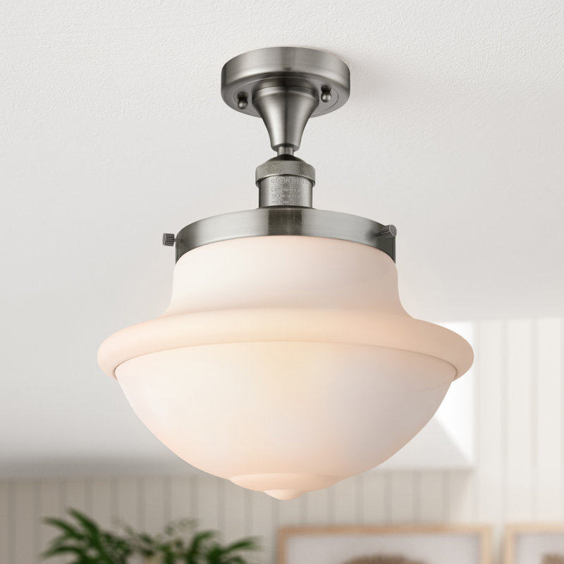 Plafonnier semi-encastré 1 lumière Baptiste, Nickel satiné brossé, Ampoule non incluse, Blanc mat
