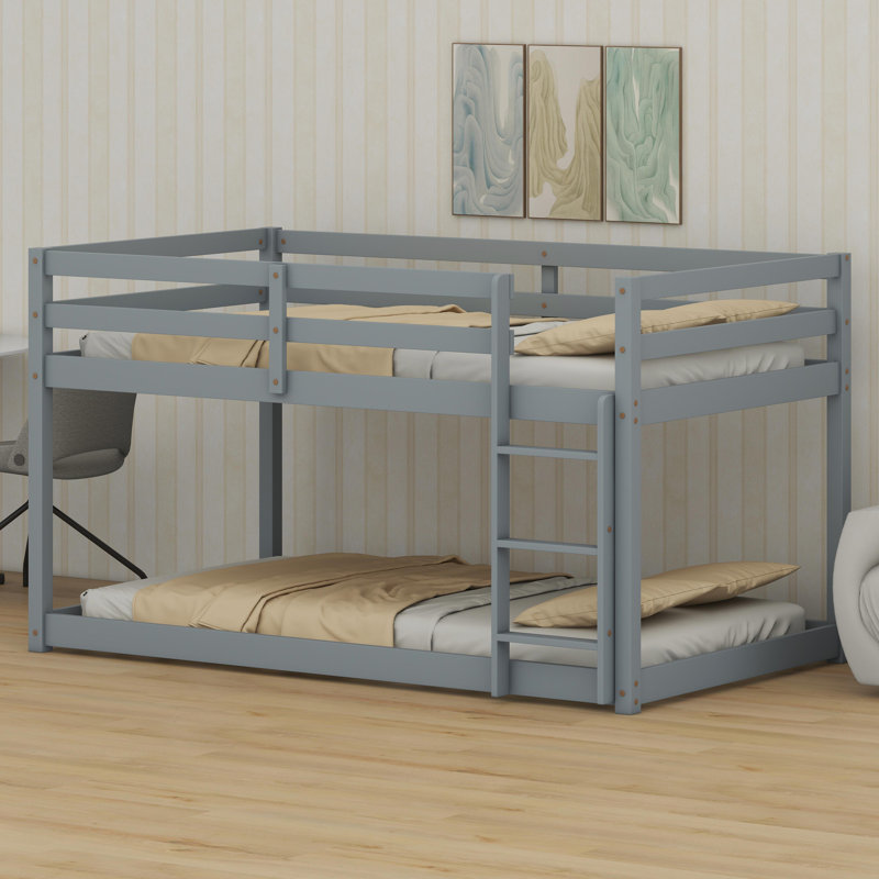 Low-Profile Bunk Bed Featuring a Ladder and Strengthened Upper and Bottom Slats, Grey