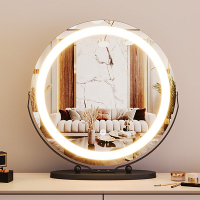 19" Round LED Vanity Mirror – 3-Color Dimmable Touch Screen Makeup Mirror with 360° Rotation, Adjustable Brightness, Memory Function, Aluminum Frame, Tabletop Cosmetic Mirror for Bathroom, Bedroom – Black