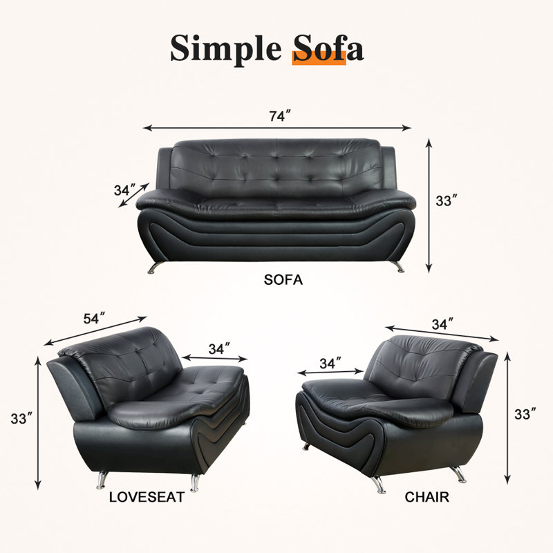 Ramdas Black Faux Leather 3-Piece Living Room Set