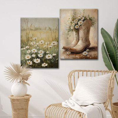 Framed Vintage Cowgirl Boots Wall Art Set of 2, Rustic Farmhouse Western Canvas Prints Paintings With Boho Daisy Wall Decor Country Wildflowers Preppy Cowboy Pictures for Bedroom Living Room Dorm16x24IN