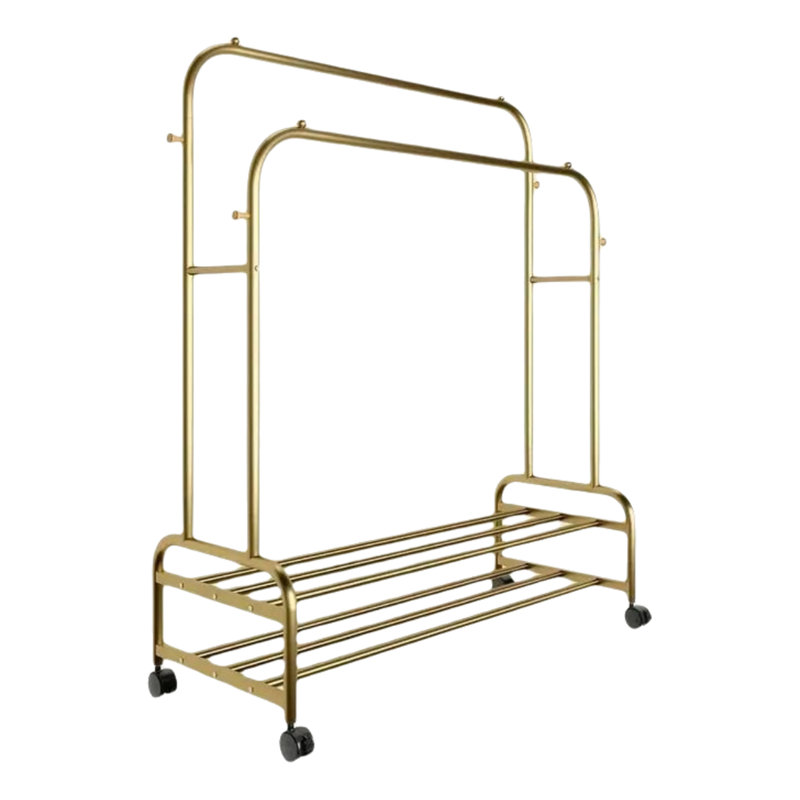 Cintre robuste à double tringle en métal avec roulettes pour porte-vêtements suspendu, Doré