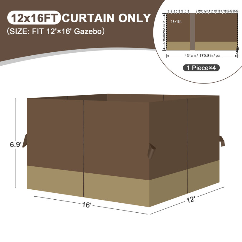 Aoodor Replacement 4-Panel Gazebo Sidewall Curtains, Coffee/Khaki, 82.7" H x 144" W x 192" D