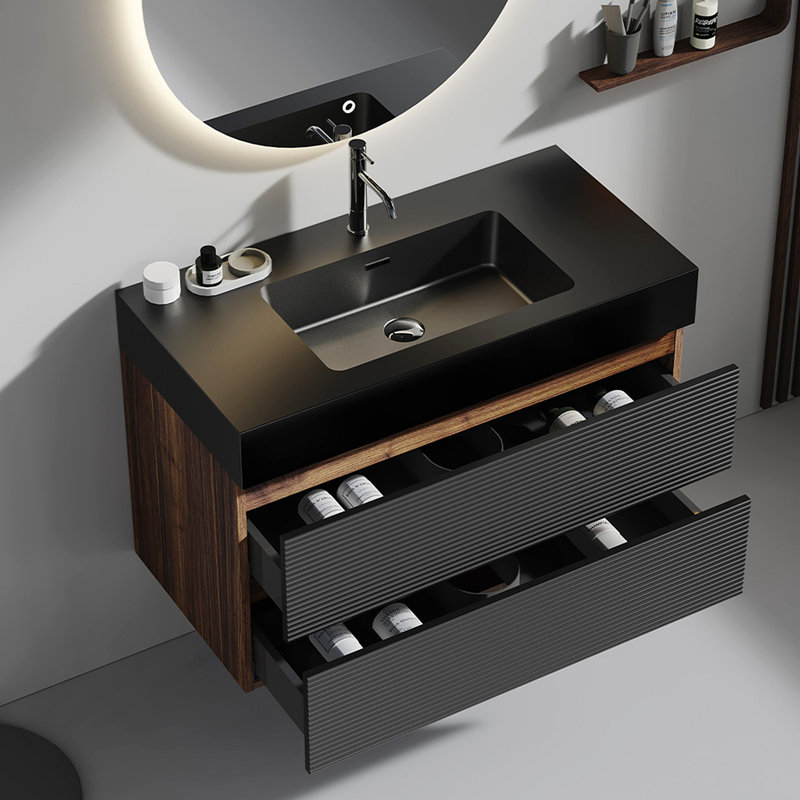 Meuble-lavabo en noyer de 36 po Grace avec lavabo en quartz noir mat et tiroirs noirs doux, meuble-lavabo mural flottant pour salle de bain moderne, lavabo une pièce noir mat, KD