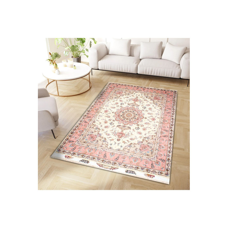 Tapis beige lavable à la machine à motif floral beige, Tapis de couloir 3 pi 3 po x 6 pi 7 po