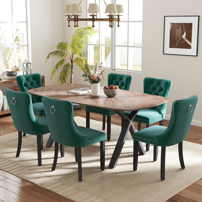 Rectangle Dining Set with Tufted Dining Chair, 29.5"H x 71"L x 35.4"W, Green