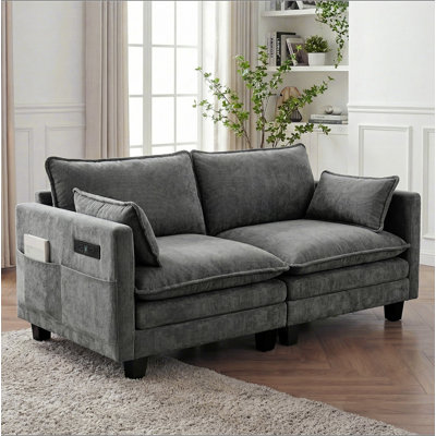 Canapé moderne en chenille, canapé compact à 2 places avec deux ports de chargement USB et poches latérales, petit canapé pour chambre, bureau et appartement.