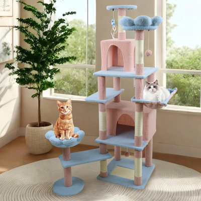 Arbre à chat bleu de 71 pouces avec motif floral, grand coussin amovible et, pour les chats, grimpant à 8 niveaux, arbre à grattage large, aspect floral enchanteur, hauteur horizontale de 72 po