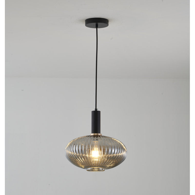 Luminaire suspendu 1 lumière doré et noir antique avec abat-jour en verre fumé