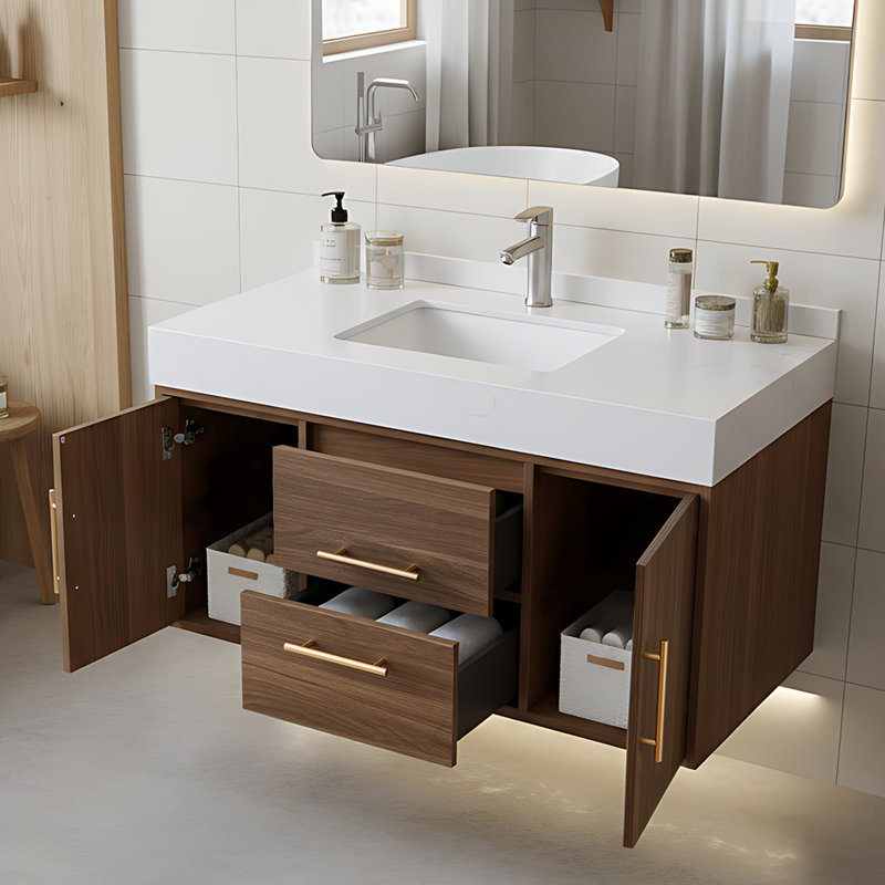 Meuble-lavabo moderne de 39 po avec lavabo, meubles-lavabos flottants avec comptoir en pierre frittée et armoire au fini noyer, armoire de rangement avec 2 portes et 2 tiroirs
