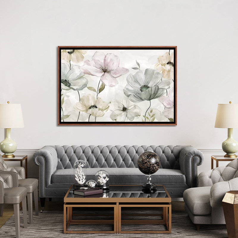 «Garden Grays» par Carol Robinson - reproduction, H 40 po x l 60 po x 1,5 po, Toile avec cadre en bois brun classique