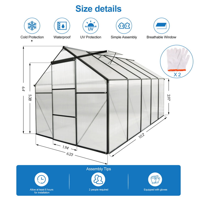 Base surélevée en polycarbonate pour serre, Noir, noir, noir, noir, H 8,46 po x l 77,95 po x P 8,27 po