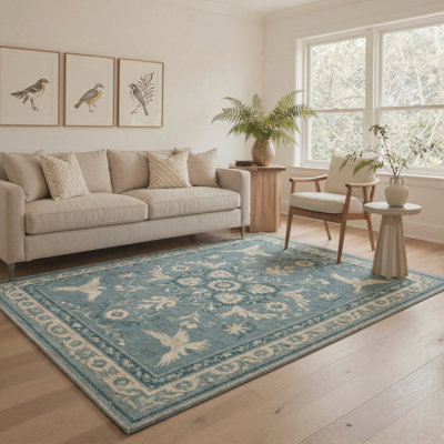 Bird & Floral Machine Washable Green / Beige Indoor Area Rug with Non-Slip Backing