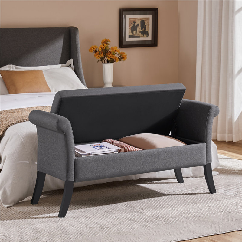 Sholom 52" W Tufted Upholstered Storage Bench with Rolled Arms, Dark Grey