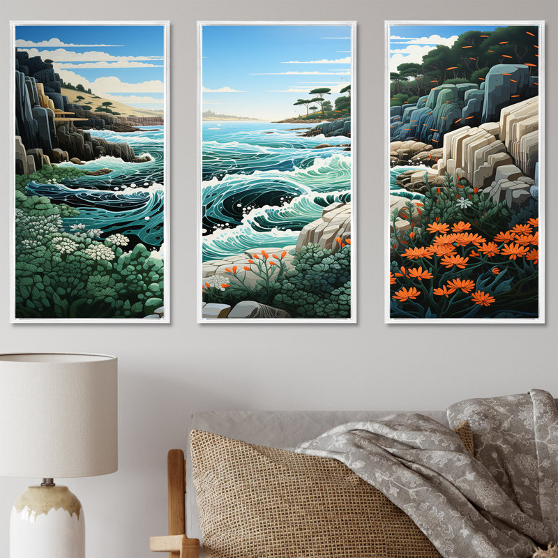 «Wild Beachscape Landscape - Coastal Coral Under Water», ensemble de reproduction d'art mural, Cadre flottant blanc
