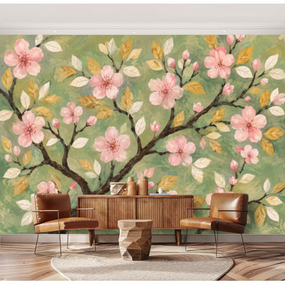 Papier peint adhésif à motif floral Arbre à fleurs floral vert moderne Branches florales cerise Papier autocollant amovible pour décoration de salon Chambre à coucher H 69 po x l 96 po