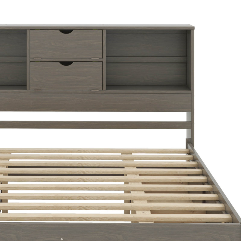 Lit plateforme avec tête de lit et tiroirs de rangement, Gris, Très grand lit