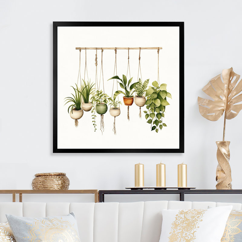 Plantes suspendues aquarelle botanique bohème, Cadre simple noir, H 36 po x l 36 po x P 1,5 po
