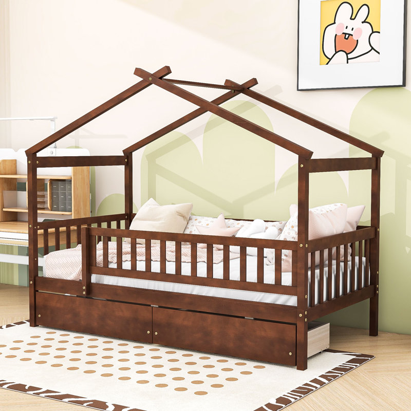 Lit en bois avec 2 tiroirs, toit et garde-corps, Noyer, Simple