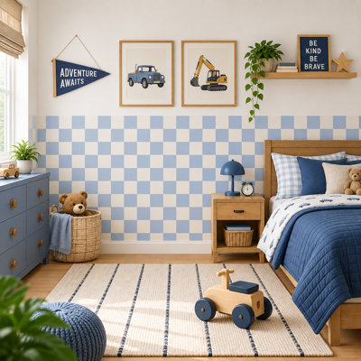 Adhésif décoratif demi-damier bleu et crème 192 pouces de large, hauteur de 40 pouces