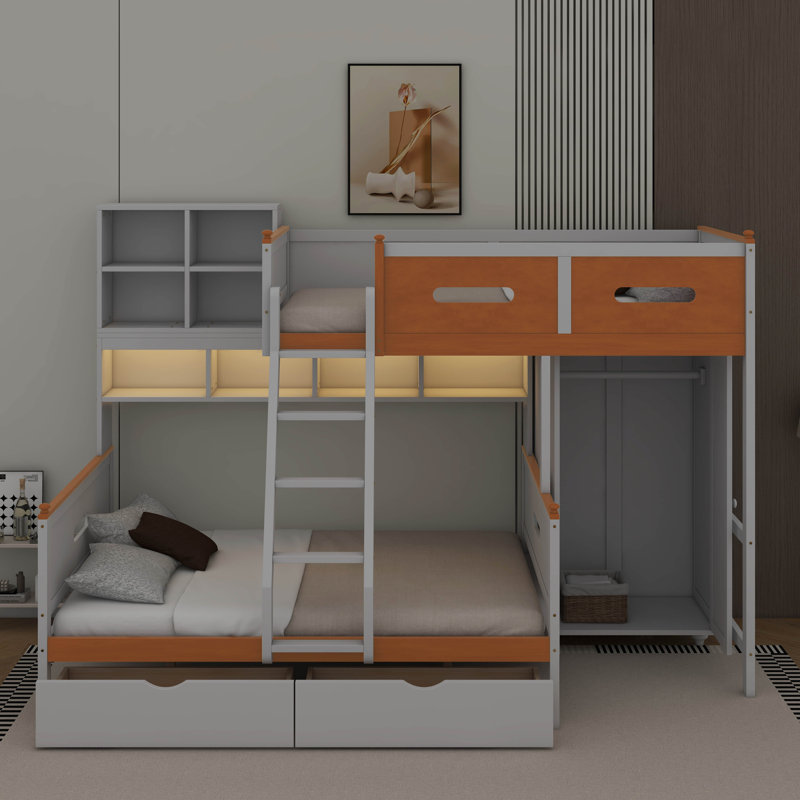 Lit superposé simple au-dessus d'un lit double en bois avec garde-robe, tiroirs, tablettes et DEL