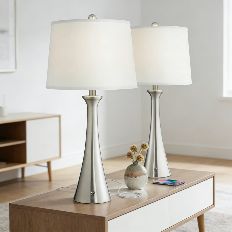 Ensemble de 2 lampes de table modernes avec ports de charge USB et prise de courant, lampes de chevet en nickel brossé à intensité variable pour la chambre à coucher, le salon ou le bureau