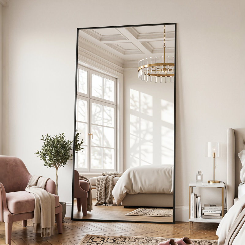 Oversized Aluminum Alloy Framed Rectangle Full Length Mirror with Stand Wall Mirror, Black, 82" x 44"