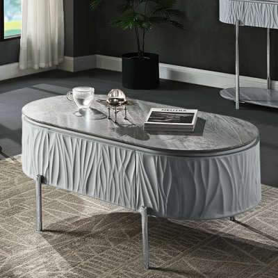Table basse en métal et bois composite gris ultrabrillant, convenant à une table moderne avec une finition élégante pour les espaces