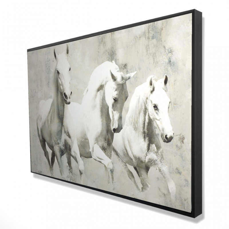 Trois chevaux blancs qui courent sur toile, H 24 po x l 36 po