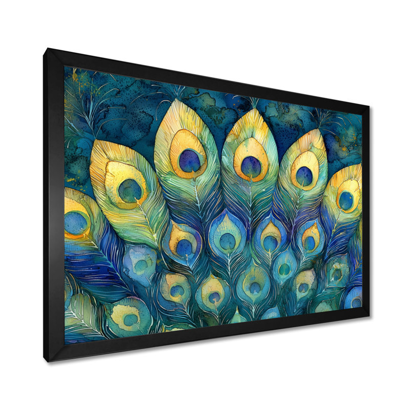 Emerald Peacock Feather Mosaic II - paon, art mural sur toile, H 12 po x l 20 po, Cadre simple, Noir