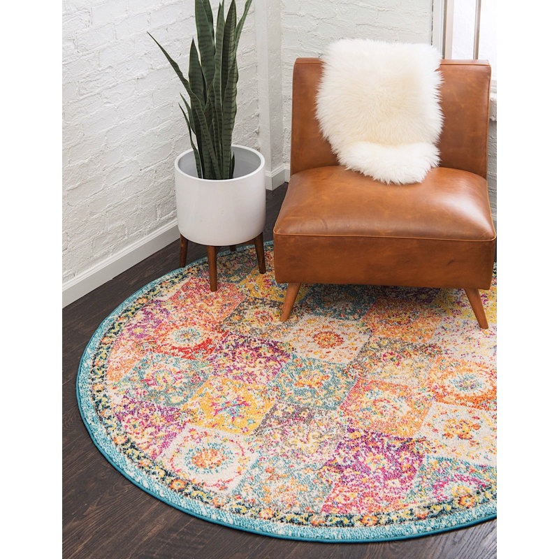 Tapis abstrait doré / vert Galyean, Rond 3 pi 3 po