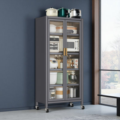 Armoire de rangement 65 po, armoire de rangement en métal à 6 niveaux avec porte transparente, tablettes et roulettes réglables 65 po
