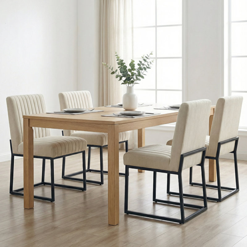  19.9'' H Striped Polyester Fabric Upholstered Dining Side Chairs (Set of 4), 4, Beige Quilted Polyester