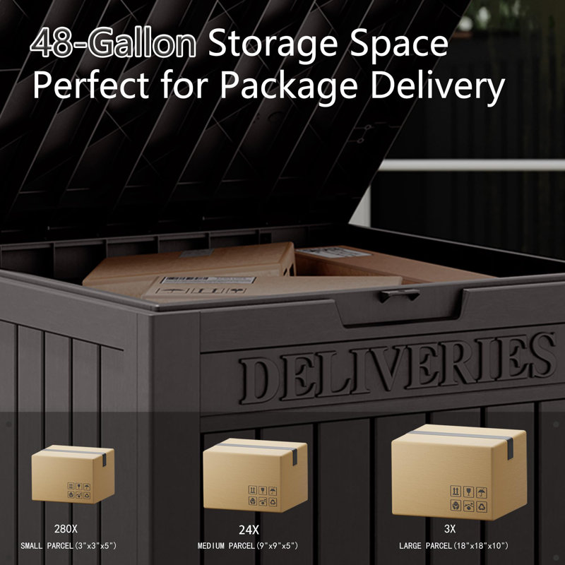 48 Gallon Storage Box With Lockable Secure, Large Double Wall Resin Outdoor Waterproof Deck Box, Package Delivery Box For Porch