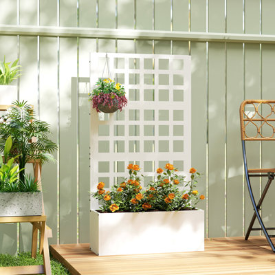 Galvanized Raised Garden Bed with Trellis, Metal Planter Box with Drainage Holes, Outdoor Privacy Screen for Climbing Plants, Vegetable, Vines
