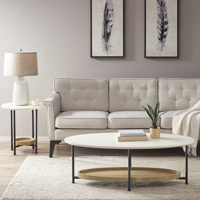 Table de bout ovale moderne, plateau blanc et tablette de rangement naturelle, construction en métal stable et look élégant, base pour la décoration intérieure