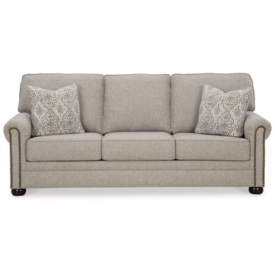 Gael Sofa, Gray Beige Polyester, Dark Brown Nailhead Trim 87 Inch