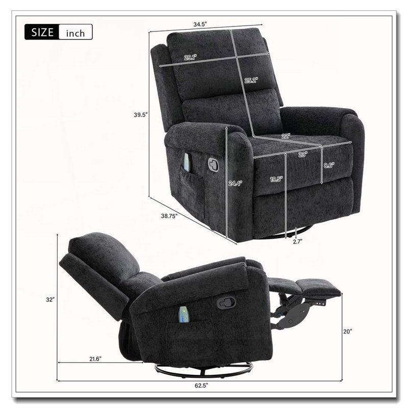 Fauteuil inclinable manuel avec massage, Noir