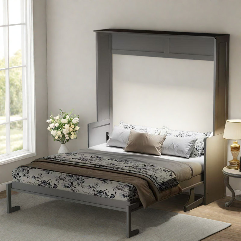 Lit escamotable avec bureau, lumières à DEL et station de charge USB, Gris