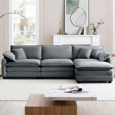 Stylish 3 - Seater In Grey Corduroy With One Footrest And Memory Foam Seat Cushions, Adaptable To Any Decor Comfortable L Shaped Fabric, Footrest, Grey, Suitable For Bedrooms Home Cinemas