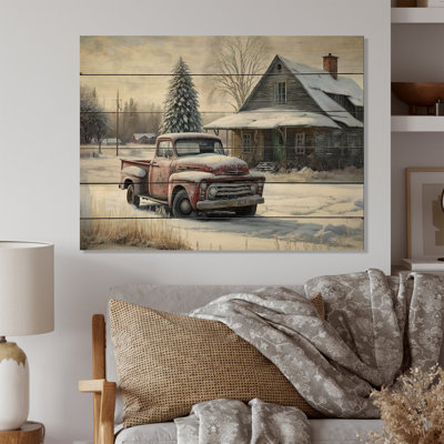 Camion rouge par Farmhouse - impression sans cadre sur bois