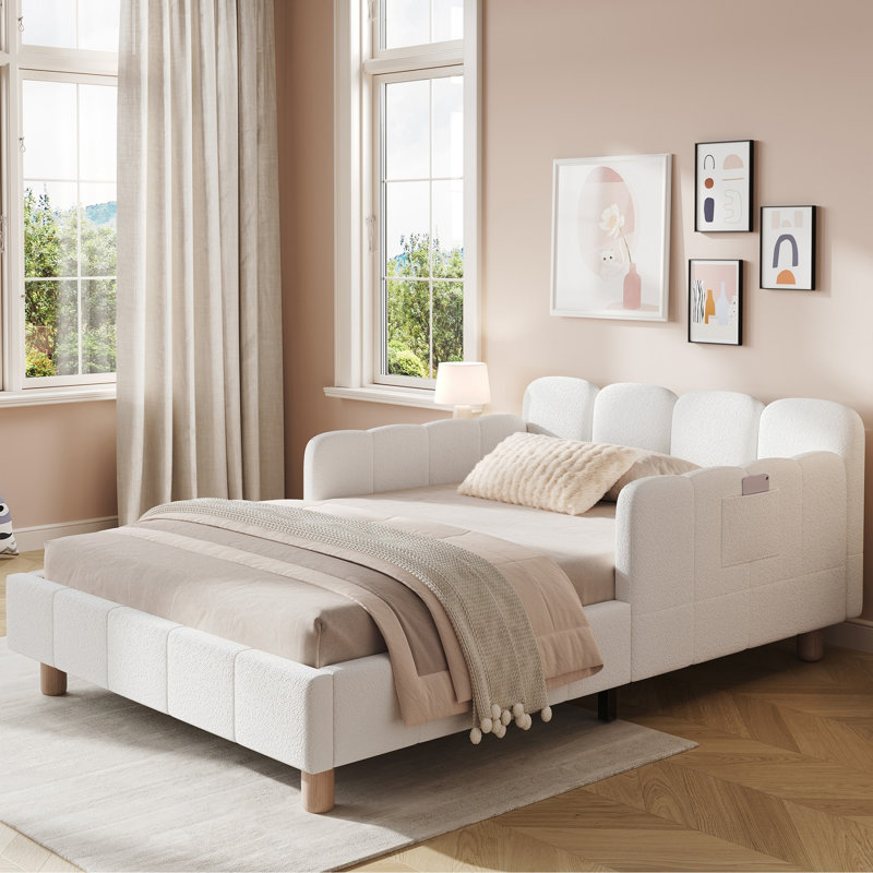 Beige Bouclé  3FT Single Upholstered Bed with Safety Rail, Adjustable Armrests, Solid Rubberwood Legs, 90x190 cm