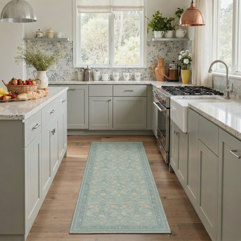 Annawan Linden Vintage Floral Machine Washable Green Indoor Area Rug with Non-Slip Backing, Runner 2'3" x 6'