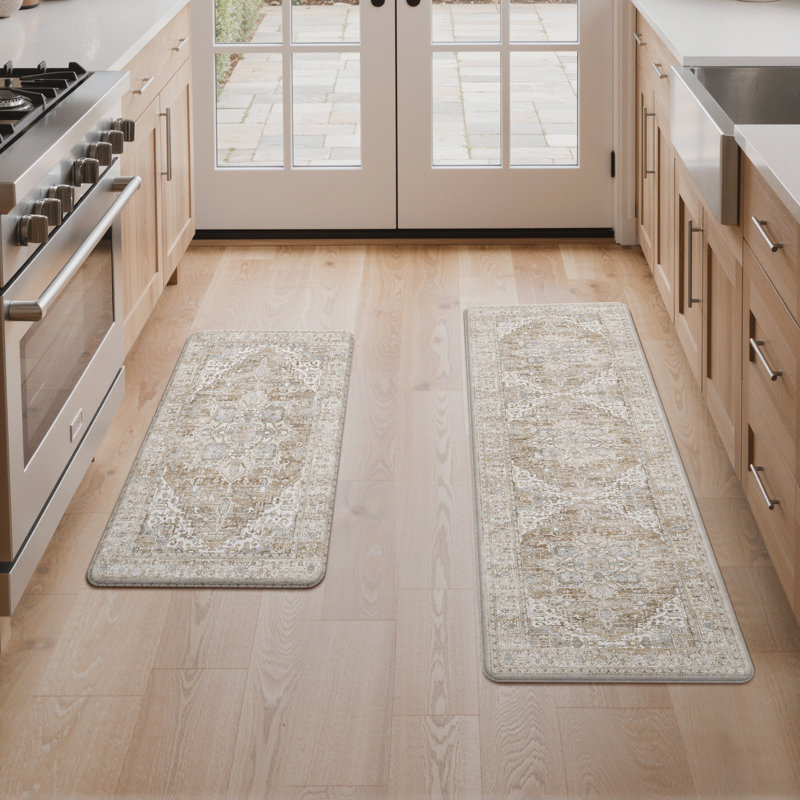 Tapis de cuisine imperméable anti-fatigue anti-dérapant, Tapis de couloir 1 pi 5 po x 3 pi 11 po, Brown/Beige/Blue